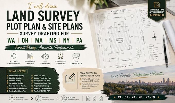 draw land survey, plot plan, site plan survey drafting for wa, oh, ma, ms permit