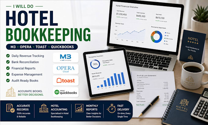 do bookkeeping for US hotels using m3, opera or toast with quickbooks