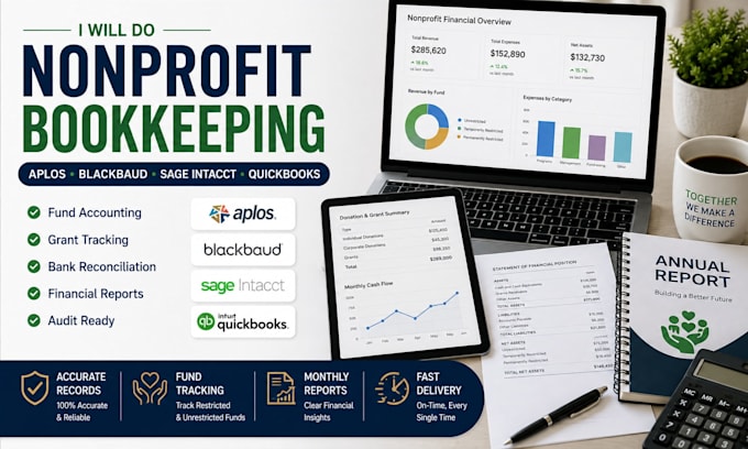 do bookkeeping for US nonprofits using aplos, blackbaud or sage intacct with qb