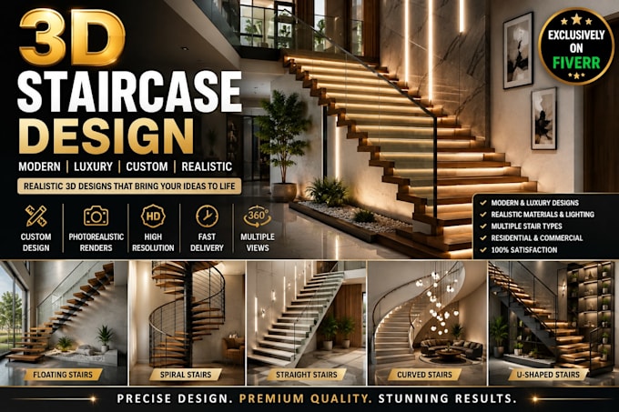 create 3d staircase design and architectural rendering