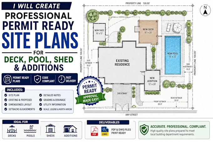 create professional permit ready site plans for deck, pool, shed and additions