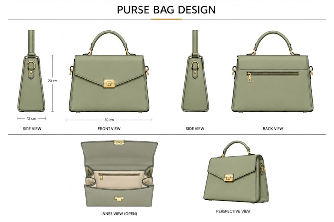 womens luxury handbag tech pack, flatsketch concept and handbag wallet pattern