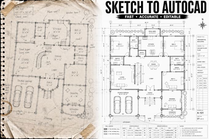 redraw sketch, PDF or blueprint into autocad floor plan