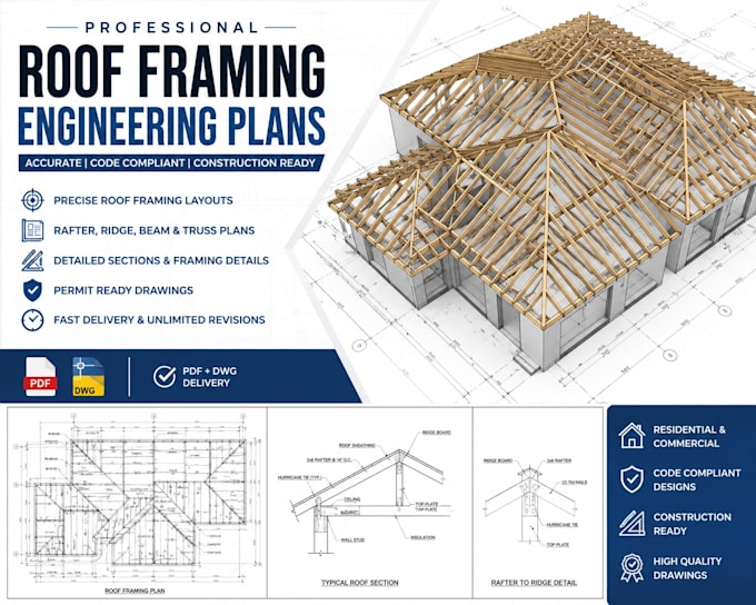 draw roof framing engineering plans for permit and construction