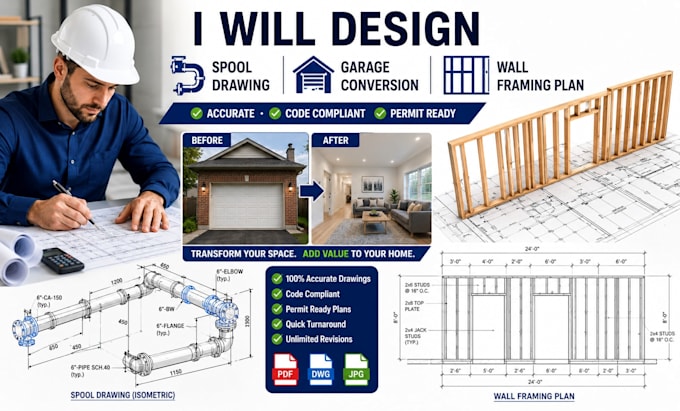 design new york spool drawings, garage conversion and wall framing plan