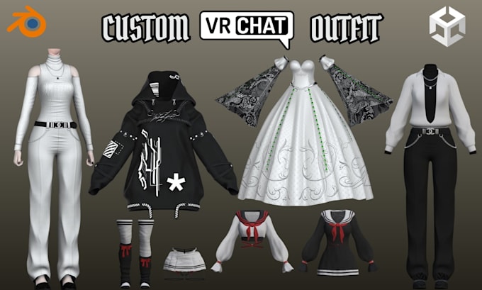create vrchat assets, outfits, 3d clothing, accessories, vrchat props, weapons