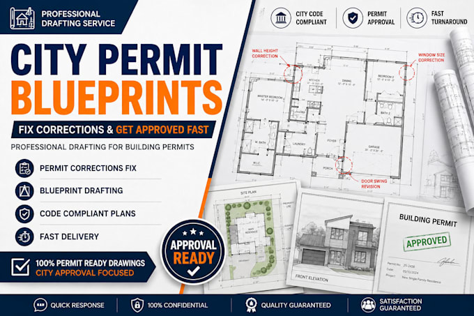 fix permit corrections and draft blueprints for city building permit