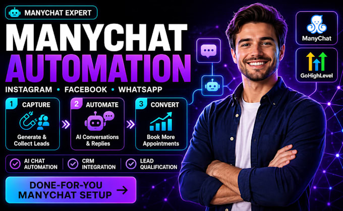 setup manychat automation, manychat chatbot for facebook, whatsapp, instagram