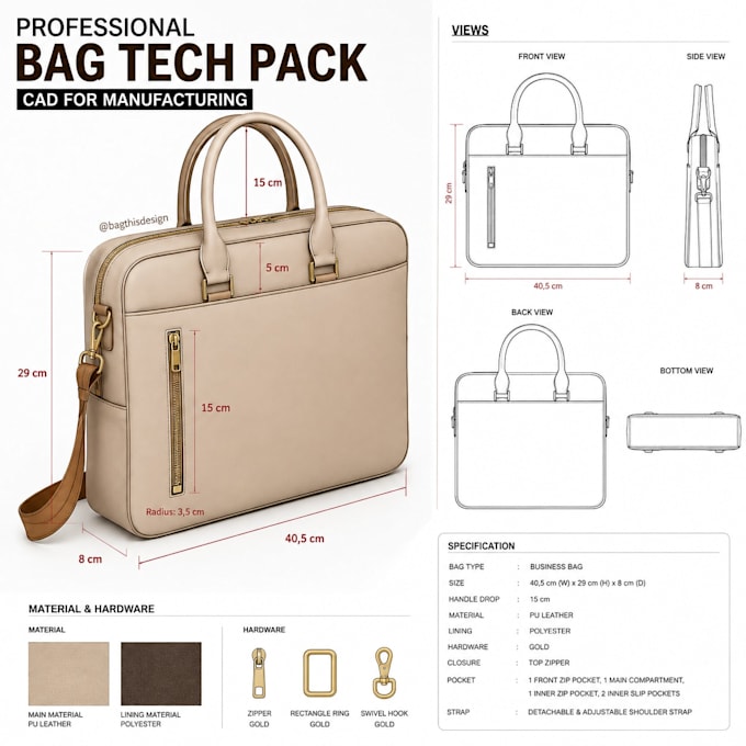 create professional handbag and bag tech pack with cad for manufacturing