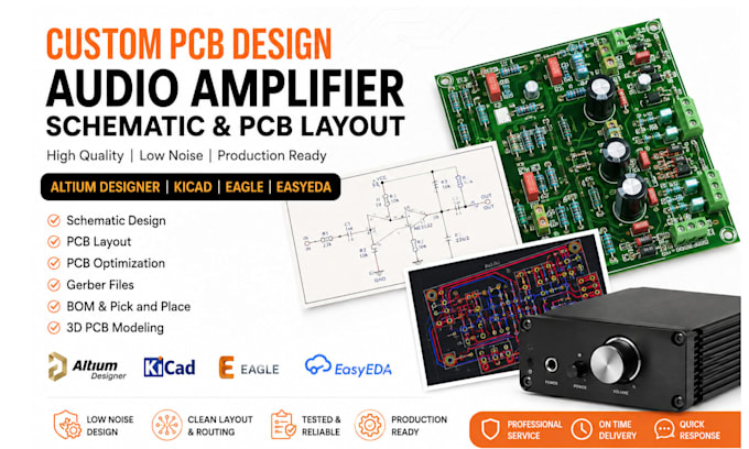 design schematic, pcb layout for audio amplifier circuit using altium or kicad