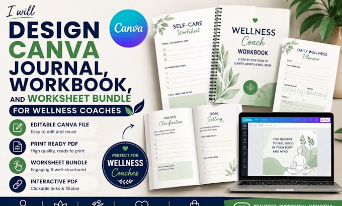 design canva journal, workbook, and worksheet bundle for wellness coaches