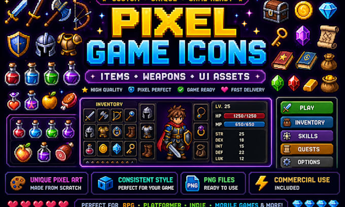 create pixel art icons, items, weapons, and UI assets for games