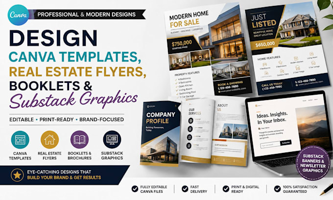design canva templates, real estate flyers, booklets and substack graphics