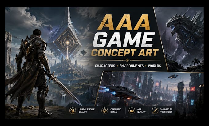create aaa ai game concept art, characters and environments