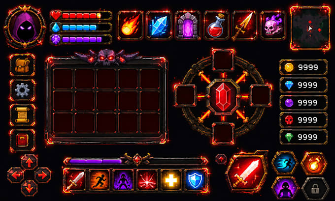 pixel art ui hud, pixel background, pixel ui button and ui icon for godot game