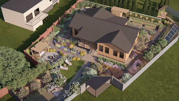 design backyard landscape, patio, pool, garden with realistic 3d rendering
