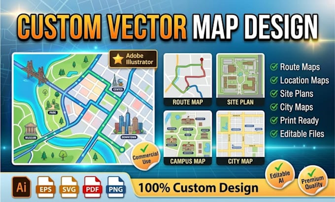 draw custom vector map, route map, location map, site plan and city map