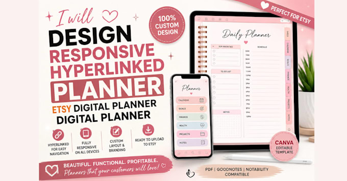 design responsive hyperlinked planner,etsy digital planner,digital planner,