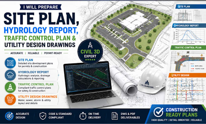 perpare site plan, hydrology report, traffic control plan utility design drawing