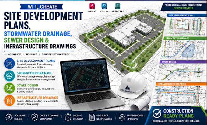 create site plans, stormwater drainage, sewer design and infrastructure drawings