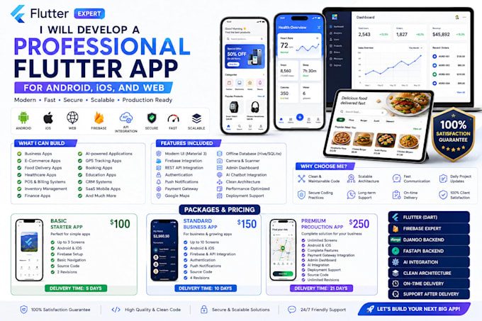 develop a professional flutter app for android, ios, and web