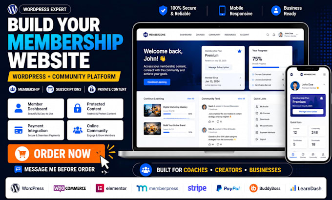 build a wordpress membership website with community and subscription features