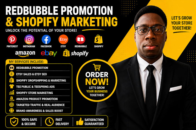 do shopify marketing, redbubble, etsy, teepublic and amazon promotion