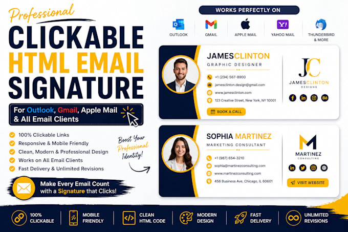 do clickable HTML email signature for outlook, gmail, apple mail