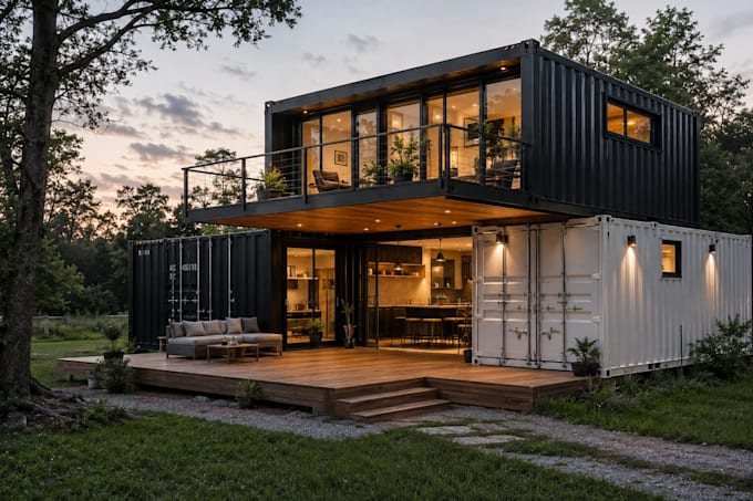 design a shipping container house with realistic 3d renderings