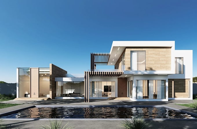 modern house elevation drawing, 3d render for marketing purpose, vr walkthrough
