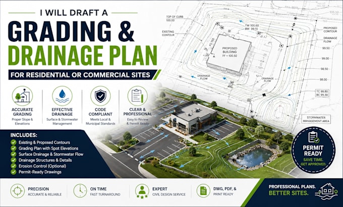 draft a grading and drainage plan for residential or commercial sites