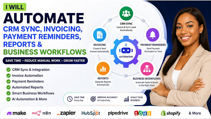 automate CRM sync, invoicing, payment reminders, reports, and business workflows