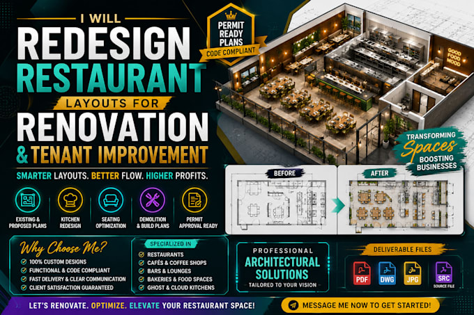redesign restaurant layouts for renovation and tenant improvement