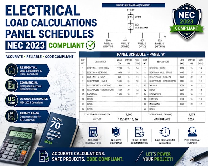 create electrical load calculations, panel schedules and nec compliant reports