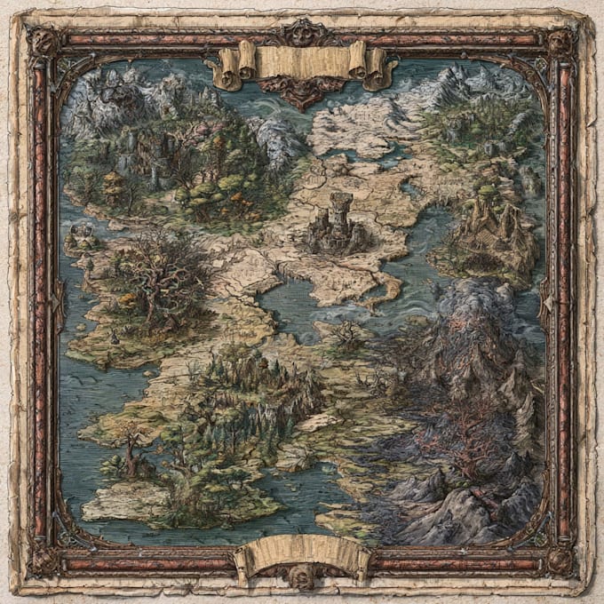 draw a detailed hand drawn fantasy map