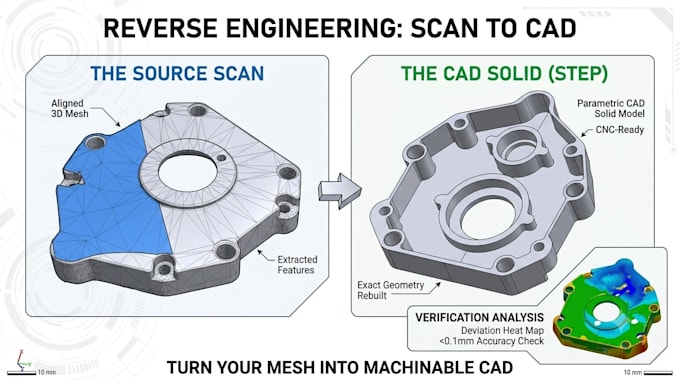 reverse engineer 3d scans into clean parametric cad step files for cnc 3d print