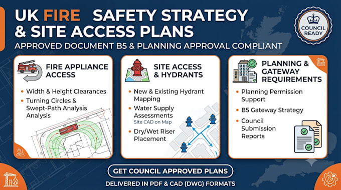 design fire safety strategy and site access plan for UK planning approval