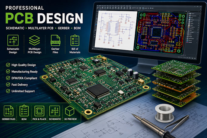 create multilayer pcb design, schematic, gerber, and bom