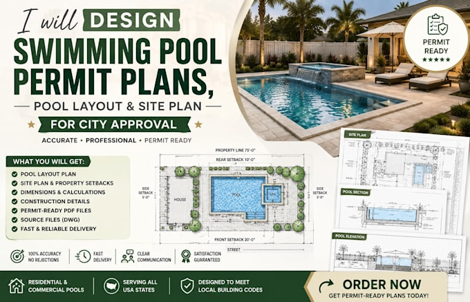 design swimming pool permit plans, pool layout and site plan for city approval