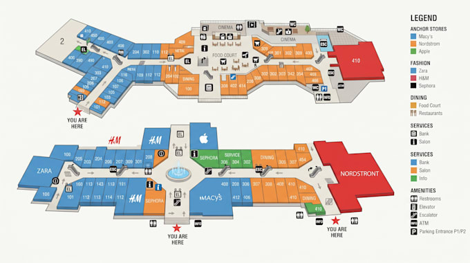 design a professional shopping mall map, directory map and wayfinding map