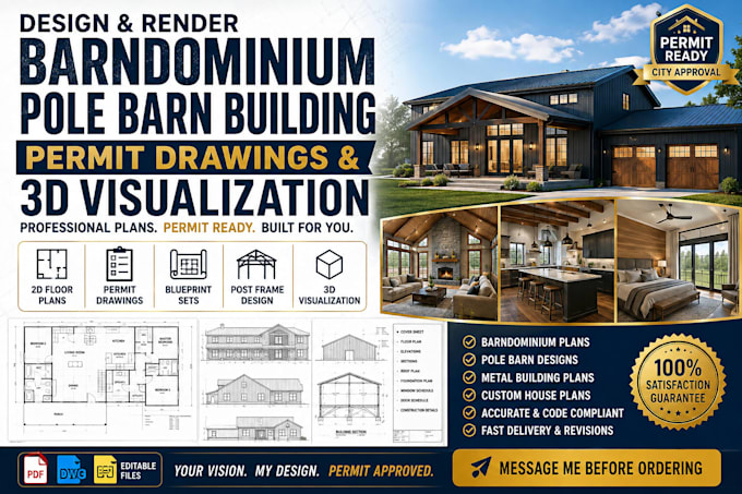 design and render barndominium pole barn building permit and 3d visualization