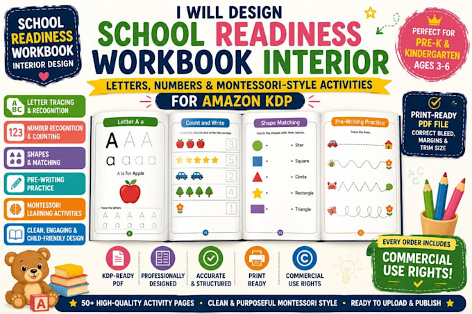 design a school readiness workbook interior for amazon KDP