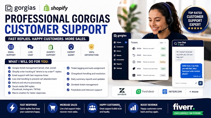 gorgias customer support agent, shopify support, email support, live chat