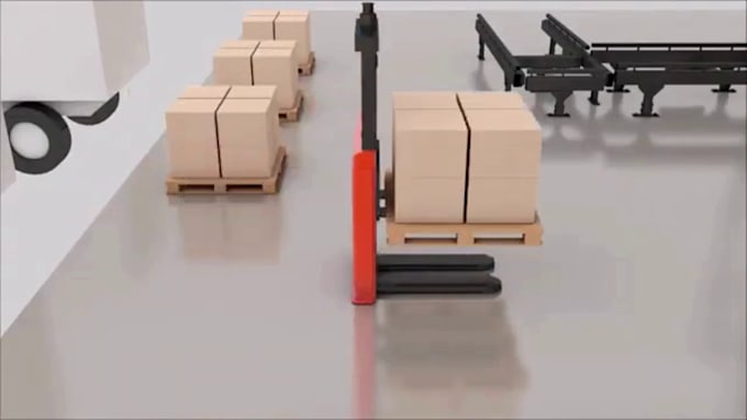 do 3d industrial warehouse agv robotic, conveyor technical explainer animation