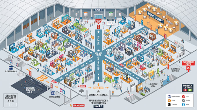 create custom trade show maps, exhibition hall layout, visitor wayfinding guides