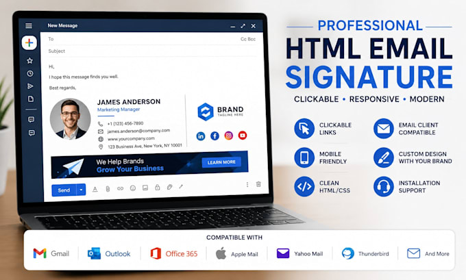 design professional clickable HTML email signature for gmail outlook apple mail