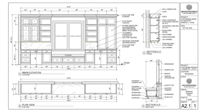 create custom cabinet, millwork, joinery shop drawings and cad plans