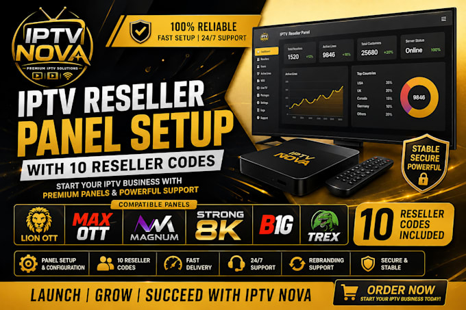 setup reseller panel with 10 code lion ott, max ott, magnum, strong8k, b1g, trex