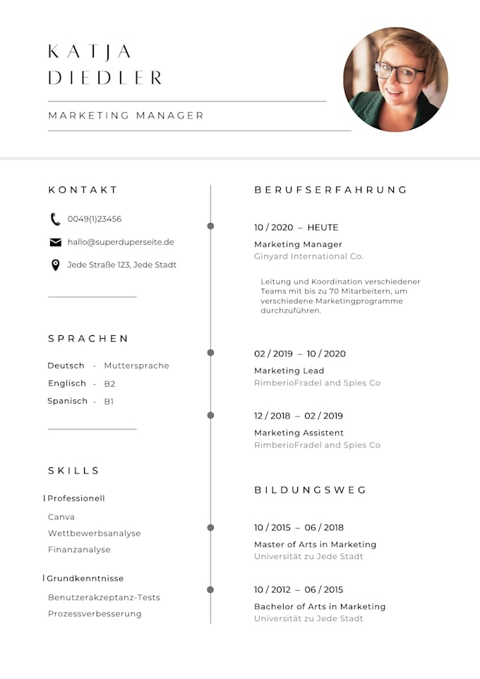 create a professional german CV and cover letter