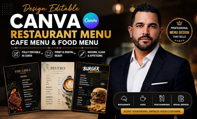 design editable canva restaurant menu, cafe menu and food menu